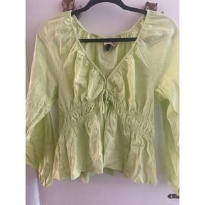 Lime green linen blouse gathered waist and collar
